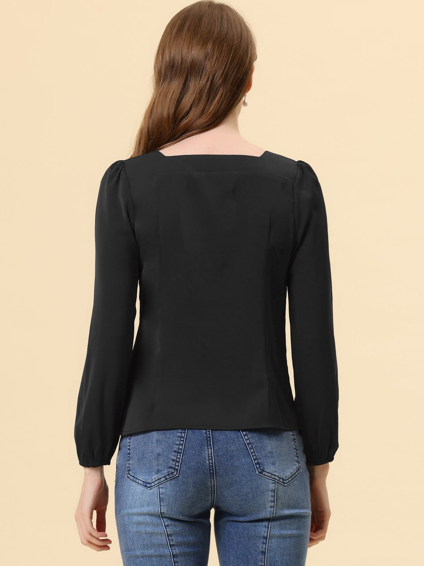 Allegra K Long Sleeve Casual Solid Square Neck Top