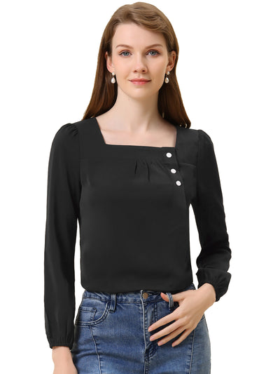 Long Sleeve Casual Solid Square Neck Top