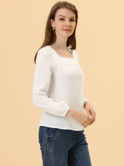 Long Sleeve Casual Solid Square Neck Top