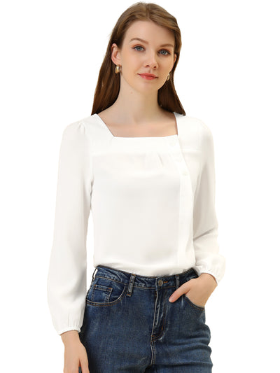 Long Sleeve Casual Solid Square Neck Top