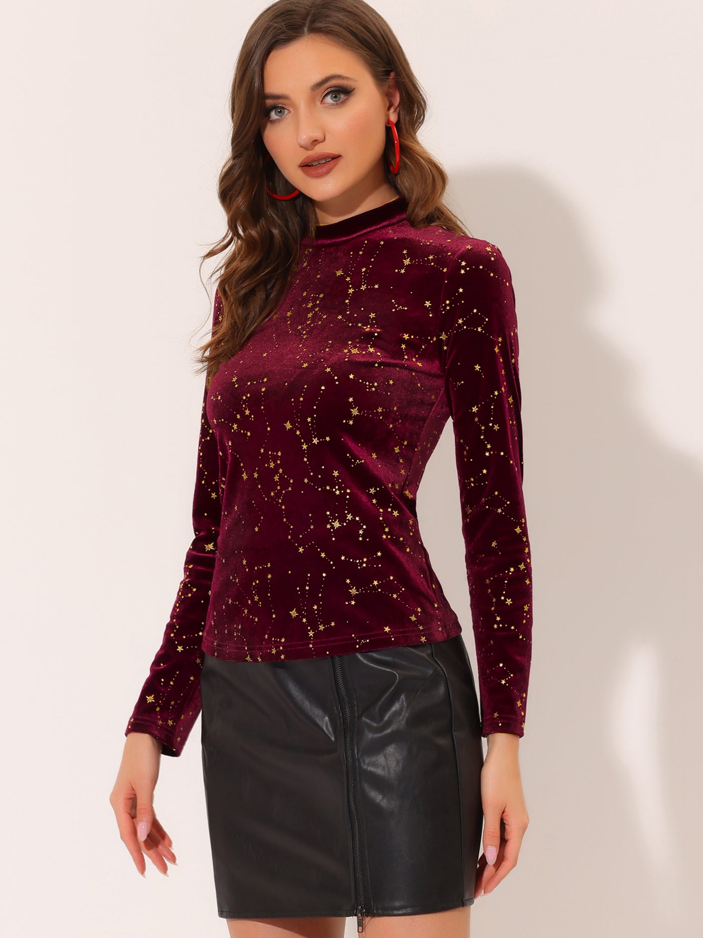 Allegra K Velvet Blouse Stand Collar Long Sleeve Stars Tops