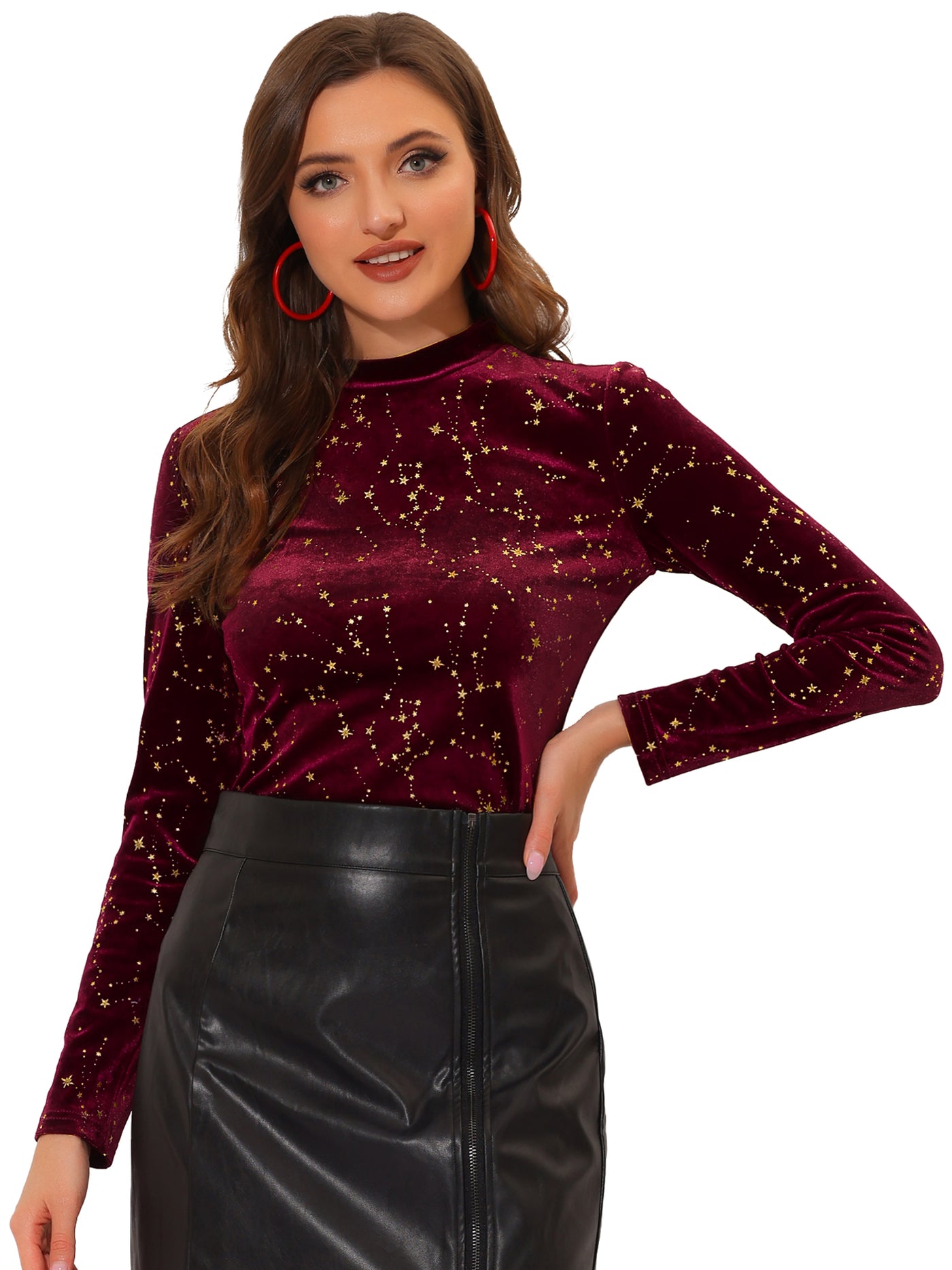 Allegra K Velvet Blouse Stand Collar Long Sleeve Stars Tops