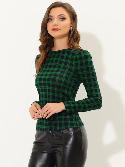 Stretchy Slim Plaid Round Neck Long Sleeve T Shirt Basic Blouse