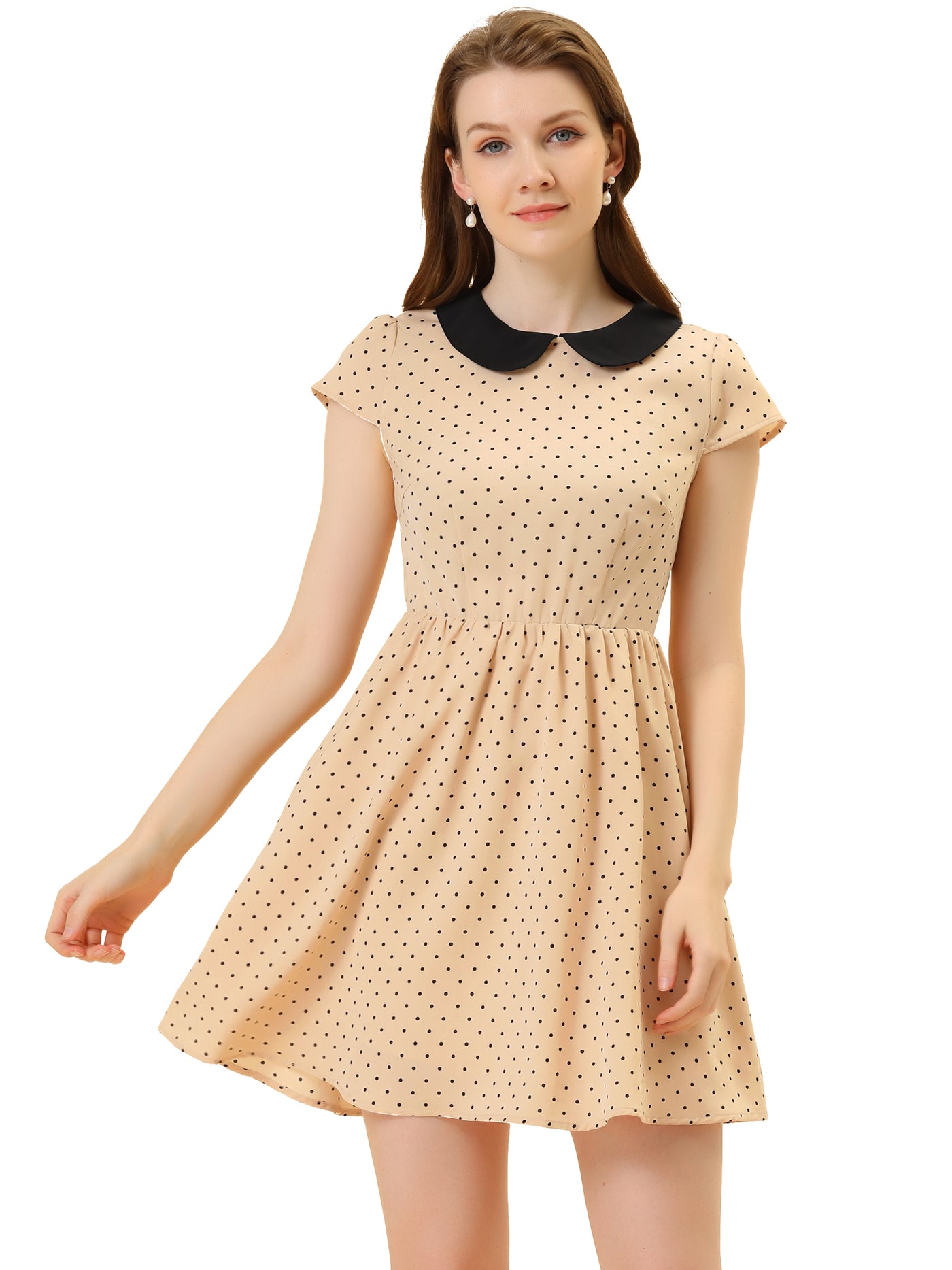 Allegra K Peter Pan Collar Short Sleeve Contrast A-Line Polka Dots Dress