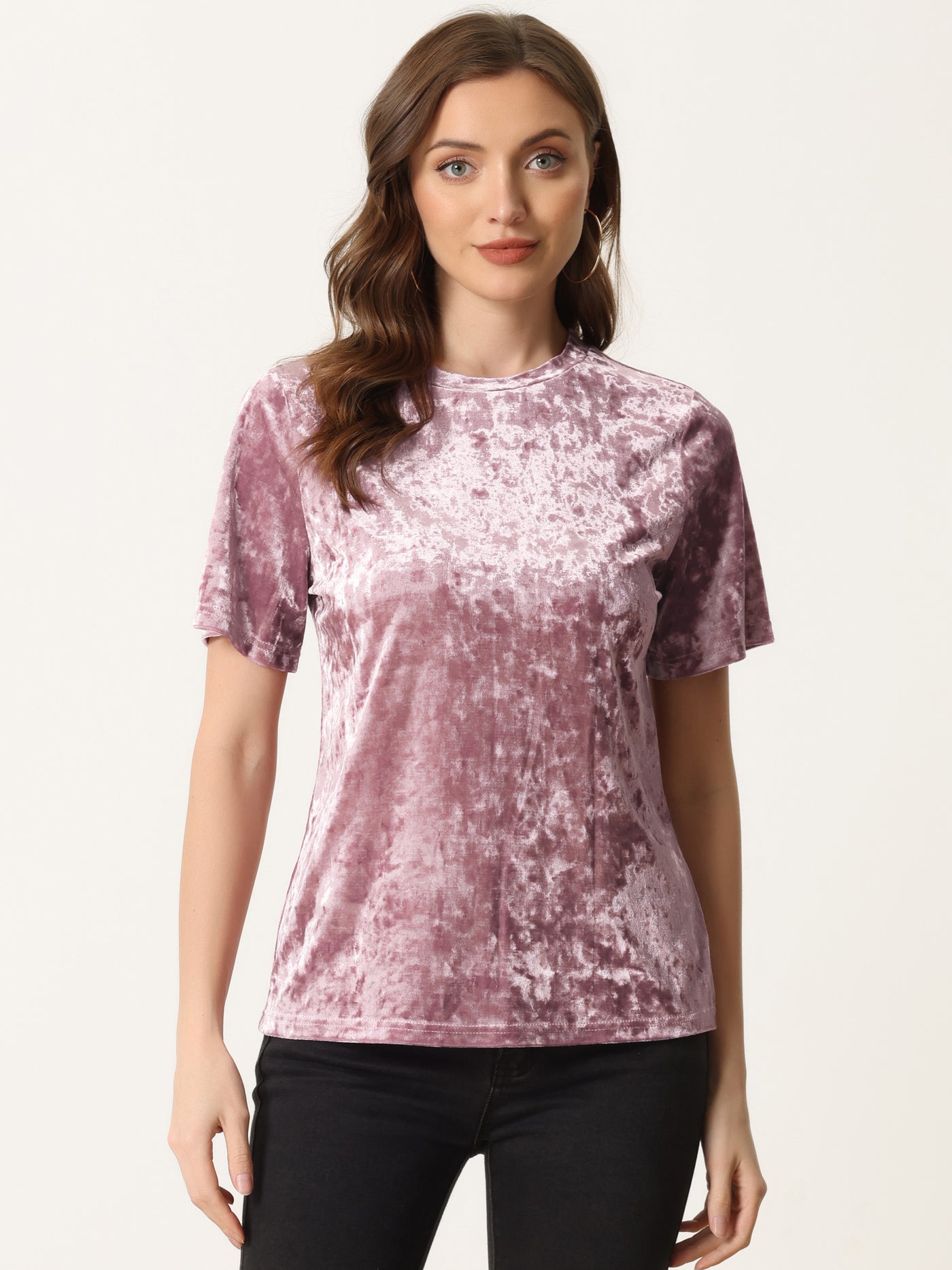 Allegra K Casual Velvet Top Solid Round Neck Short Sleeve T-Shirt