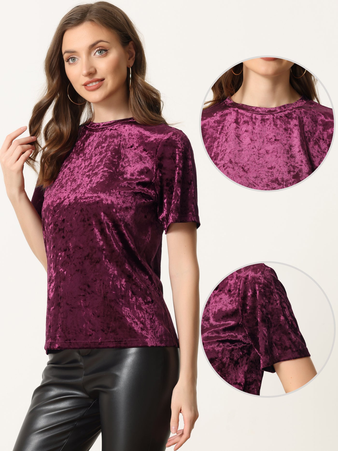 Allegra K Casual Velvet Top Solid Round Neck Short Sleeve T-Shirt