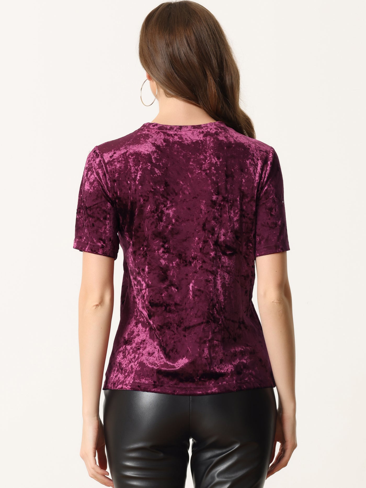 Allegra K Casual Velvet Top Solid Round Neck Short Sleeve T-Shirt