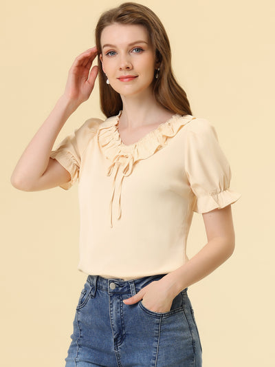 Ruffle Tie V NeckPuff Sleeve Ruffle Cuff Casual Blouse