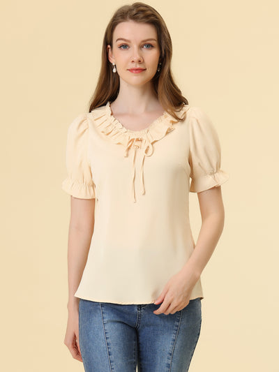 Ruffle Tie V NeckPuff Sleeve Ruffle Cuff Casual Blouse