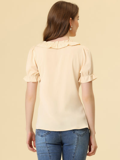 Ruffle Tie V NeckPuff Sleeve Ruffle Cuff Casual Blouse