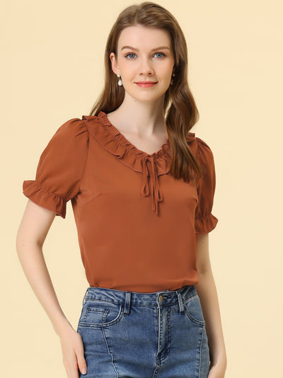 Ruffle Tie V NeckPuff Sleeve Ruffle Cuff Casual Blouse