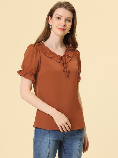 Ruffle Tie V NeckPuff Sleeve Ruffle Cuff Casual Blouse