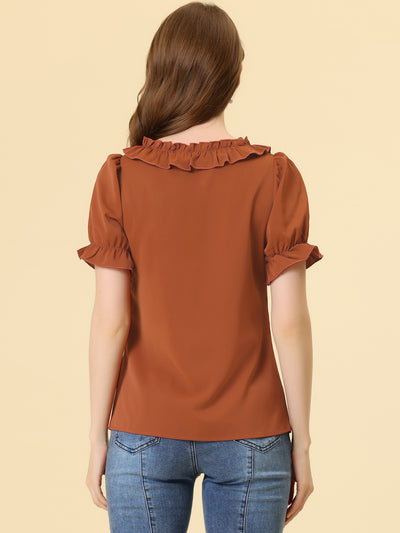 Ruffle Tie V NeckPuff Sleeve Ruffle Cuff Casual Blouse