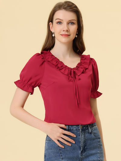 Ruffle Tie V NeckPuff Sleeve Ruffle Cuff Casual Blouse