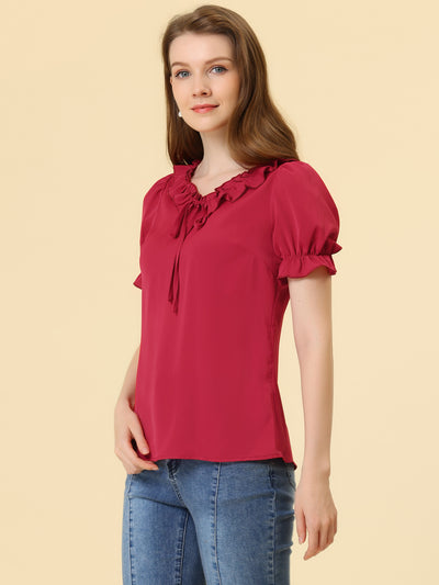 Ruffle Tie V NeckPuff Sleeve Ruffle Cuff Casual Blouse