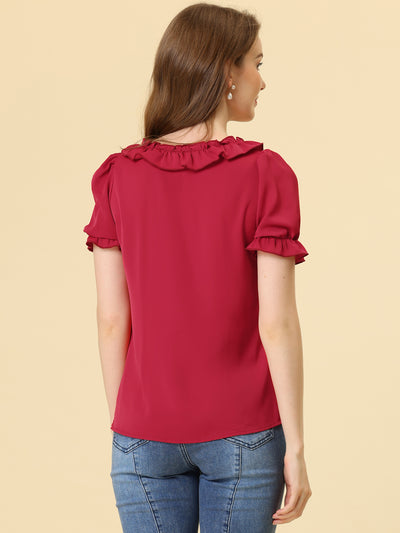 Ruffle Tie V NeckPuff Sleeve Ruffle Cuff Casual Blouse