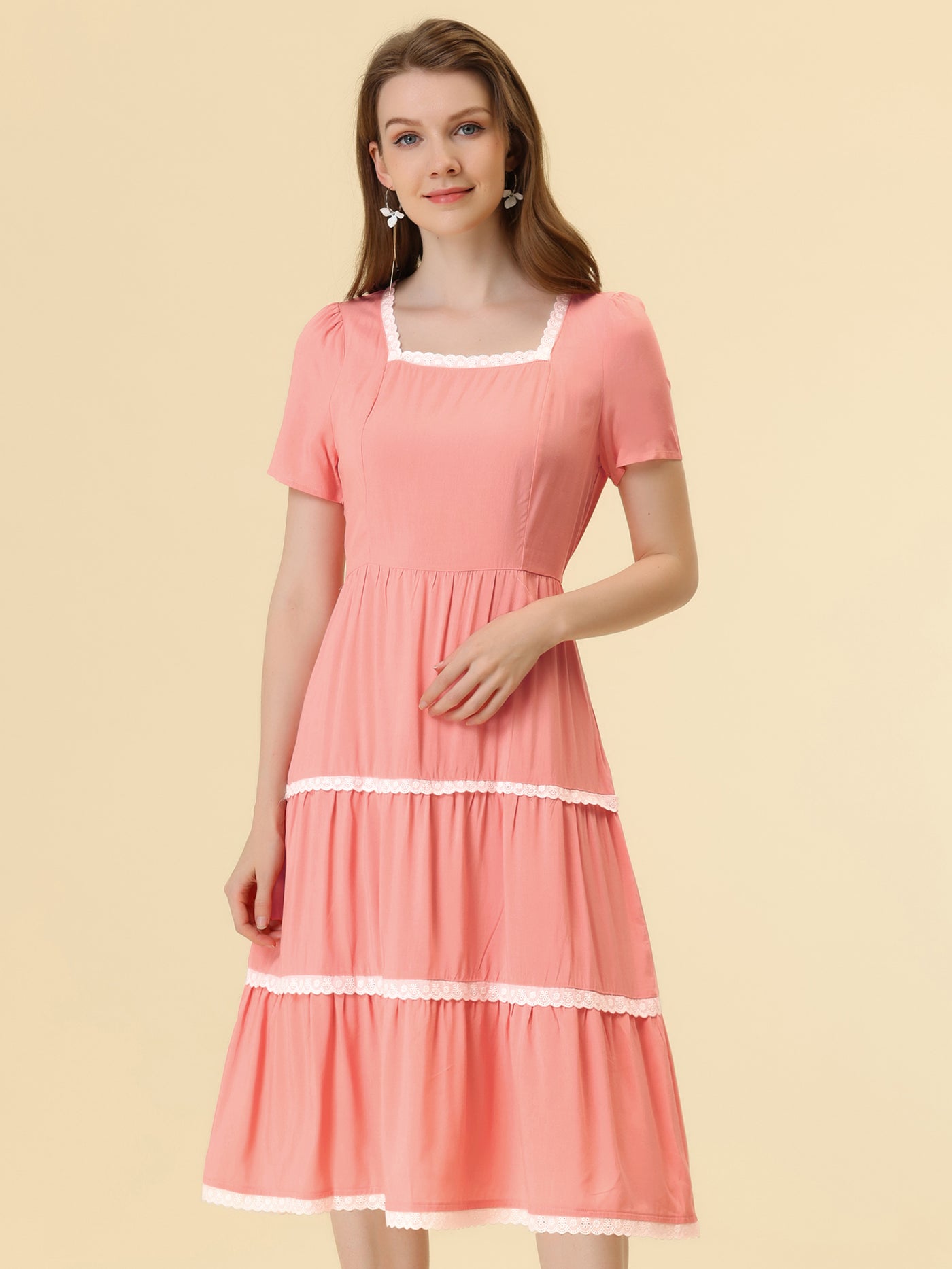 Allegra K Elegant Midi Short Sleeve Tiered Square Neck Long Dress