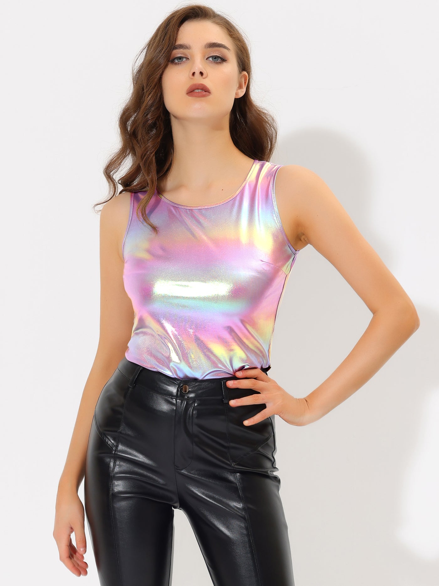 Allegra K Shiny Party Cami Sparkly Metallic Sleeveless Tank Top