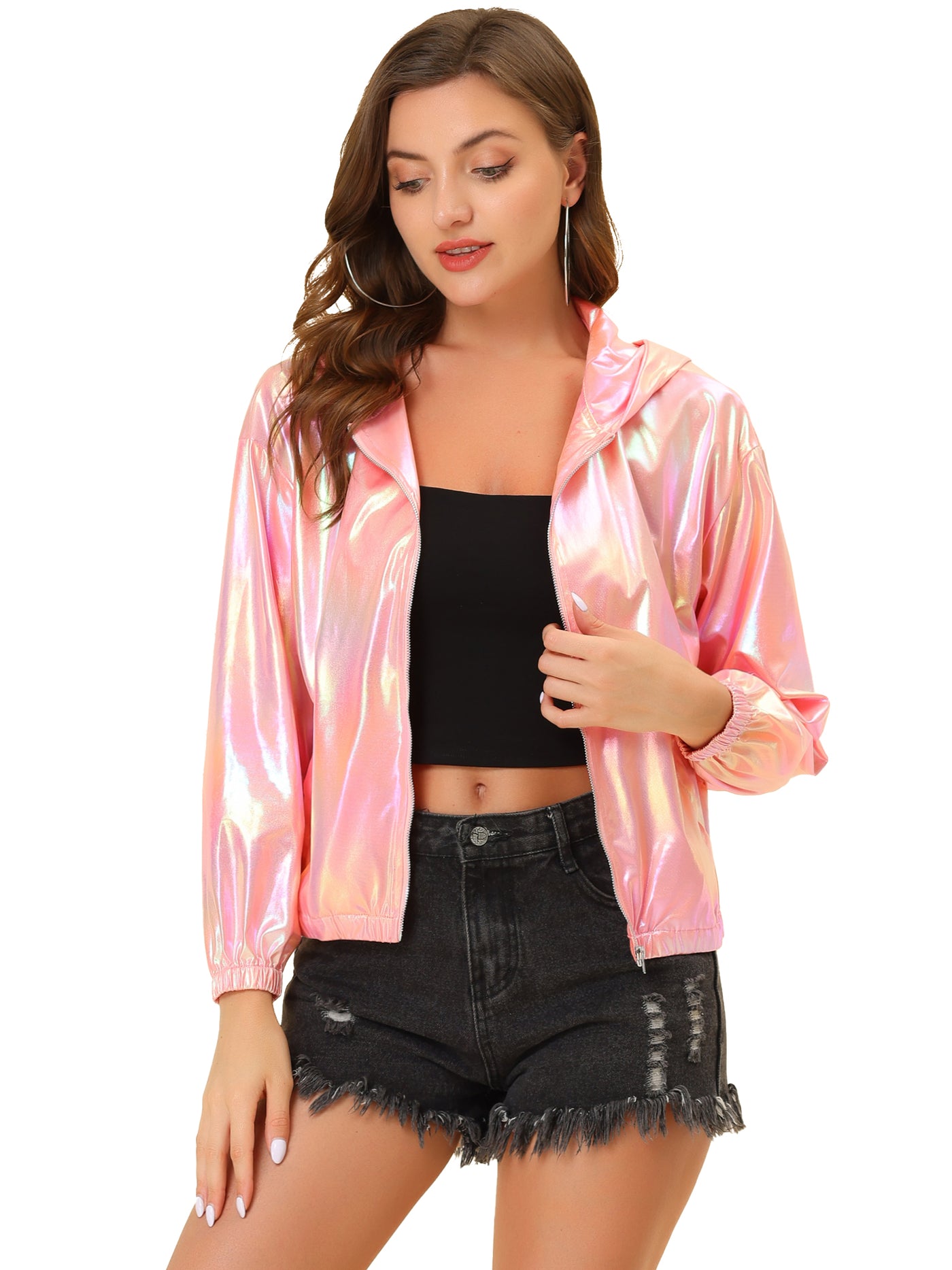 Allegra K Holographic Party Shiny Lightweight Zipper Hooded Metallic Jacket