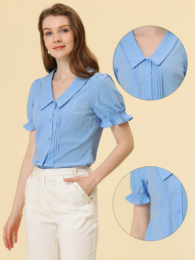 Button Down Shirt Pleated Short Sleeve V Neck Top