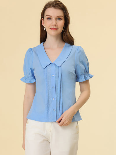 Button Down Shirt Pleated Short Sleeve V Neck Top