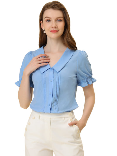 Button Down Shirt Pleated Short Sleeve V Neck Top