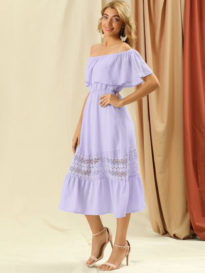 Off The Shoulder Ruffle Lace Insert Beach Party Midi Dress