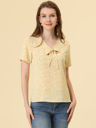 Bow Tie V Neck Short Sleeve Straight Loose Breathable Printed Blouse