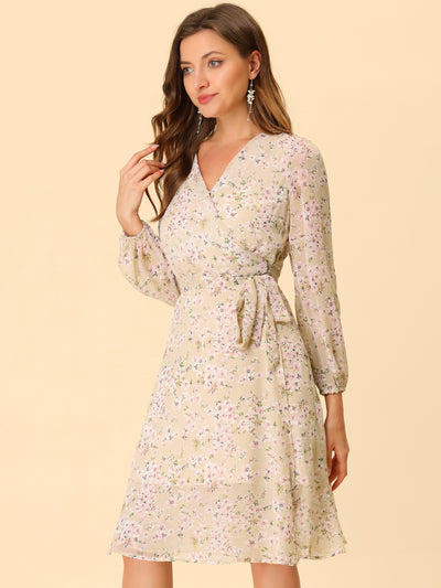 Chiffon Floral V Neck Tie Waist Bishop Sleeve Casual Wrap Midi Dress