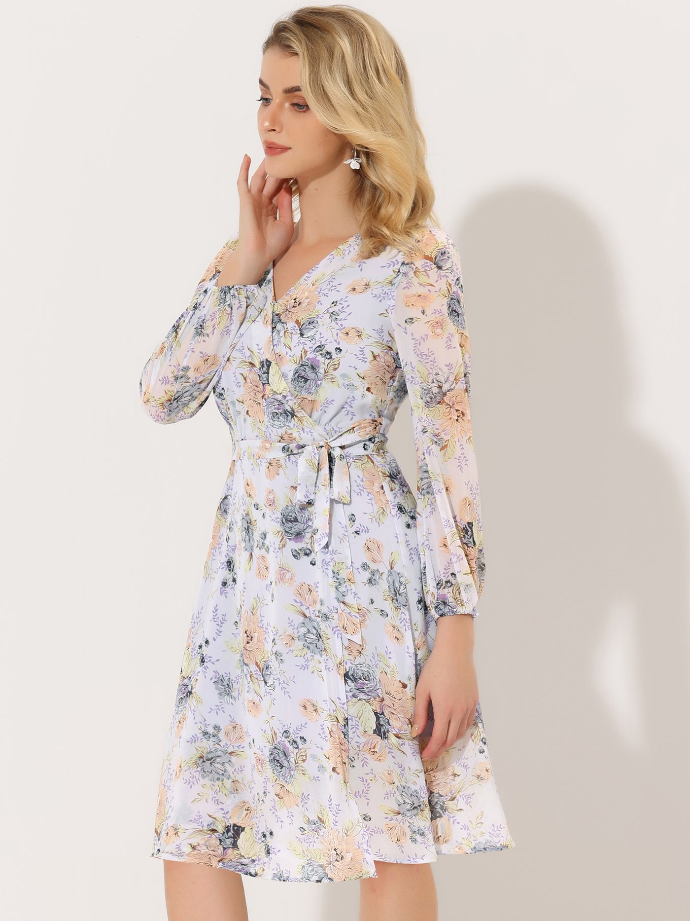 Allegra K Chiffon Floral V Neck Tie Waist Bishop Sleeve Casual Wrap Midi Dress