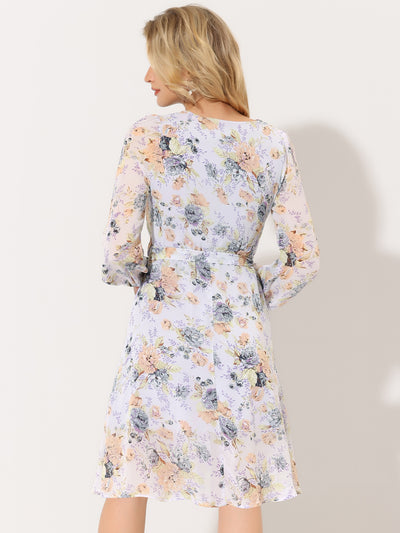 Chiffon Floral V Neck Tie Waist Bishop Sleeve Casual Wrap Midi Dress