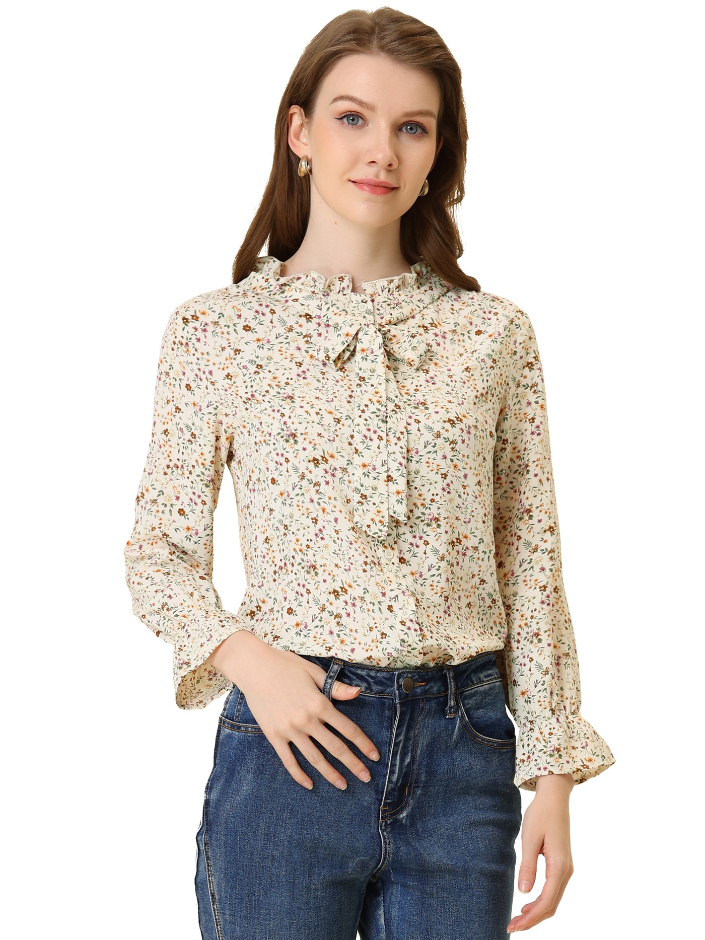 Allegra K Vintage Floral Tie Neck Long Sleeve Ruffled Collar Peasant Blouse