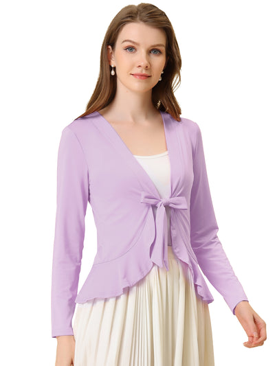 Women's Tie Front Ruffled Long Sleeve Open Cardigan