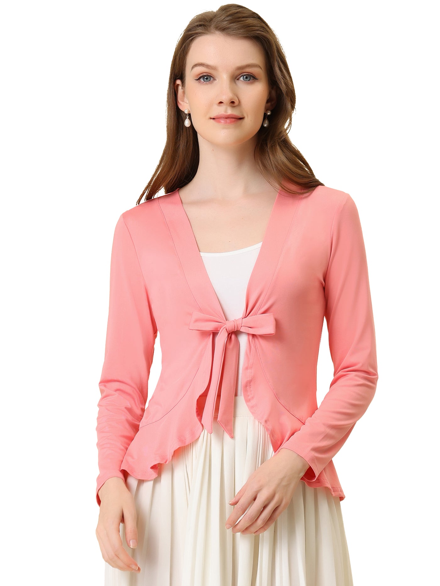 Allegra K Women's Tie Front Ruffled Long Sleeve Open Cardigan