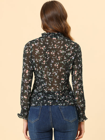 Ruffled Long Sleeve Pleated Front Floral Blouse Top