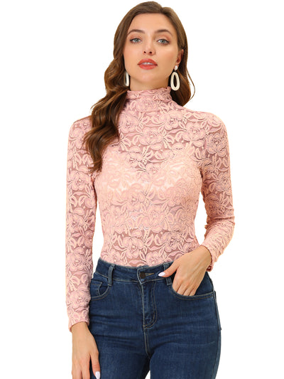 See Through Long Sleeve Turtleneck Sheer Floral Lace Blouse