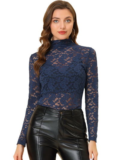 See Through Long Sleeve Turtleneck Sheer Floral Lace Blouse