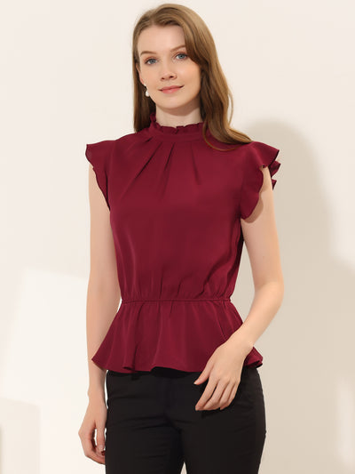 Stand Collar Pleated Frilled Ruffles Solid Sleeveless Peplum Top