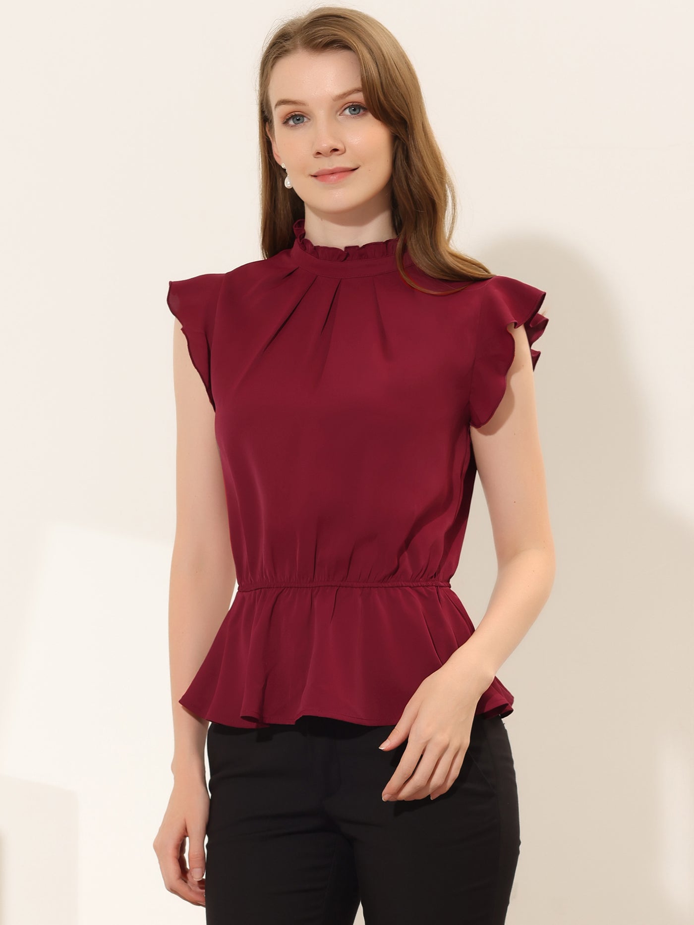 Allegra K Stand Collar Pleated Frilled Ruffles Solid Sleeveless Peplum Top