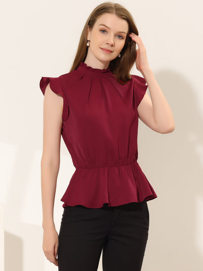 Stand Collar Pleated Frilled Ruffles Solid Sleeveless Peplum Top