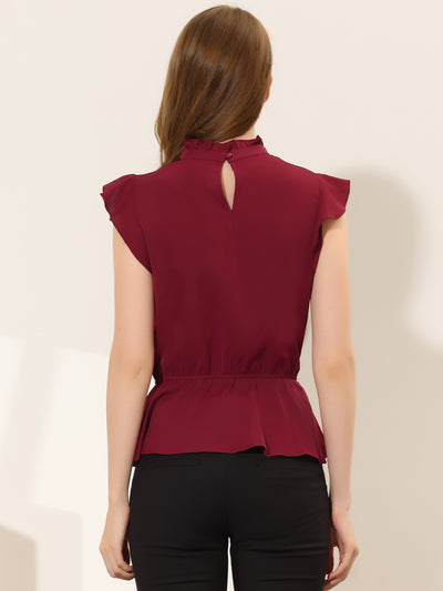 Stand Collar Pleated Frilled Ruffles Solid Sleeveless Peplum Top