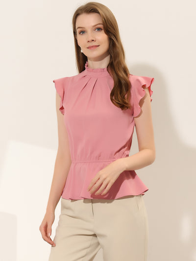 Stand Collar Pleated Frilled Ruffles Solid Sleeveless Peplum Top