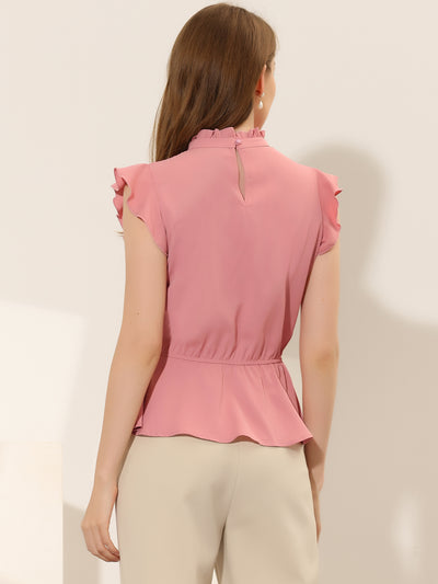 Stand Collar Pleated Frilled Ruffles Solid Sleeveless Peplum Top