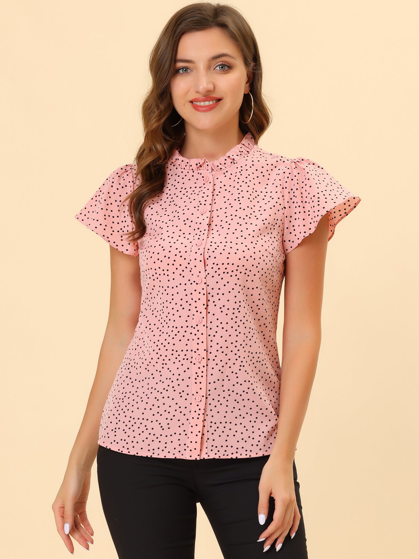 Allegra K Ruffle Summer Dots Print Retro Short Sleeve Button Blouse