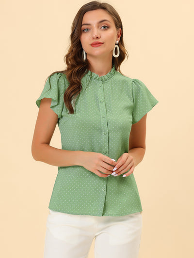 Ruffle Summer Dots Print Retro Short Sleeve Button Blouse