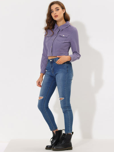 Button Down Long Sleeve Casual Cropped Denim Jacket