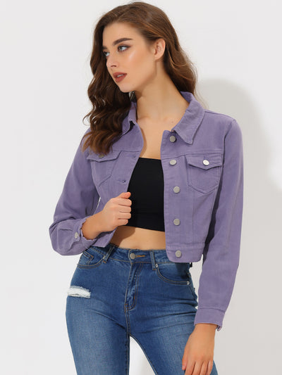 Allegra K Button Down Long Sleeve Casual Cropped Denim Jacket