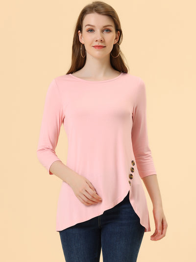 3/4 Sleeve Round Neck Button Decor Casual Stretchy Tunic Tops