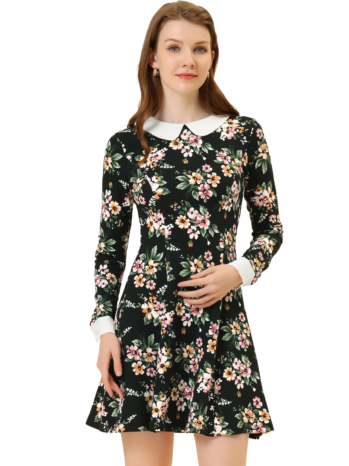 Allegra K Peter Pan Collar Contrast Printed A-Line Short Dress