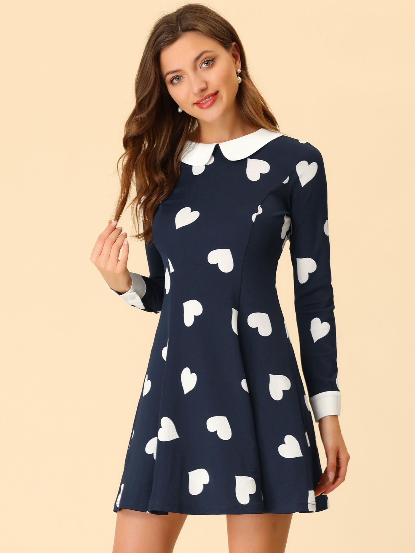 Allegra K Peter Pan Collar Contrast Printed A-Line Short Dress